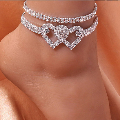Браслеты на ногу из сплава с двойным сердцем, полностью украшенные кристаллами и стразами, двухслойные, для женщин