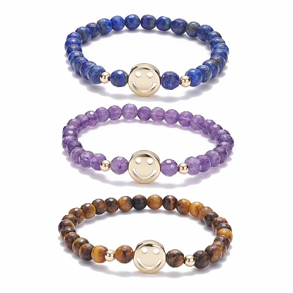 Faceted Round Natural Tiger Eye & Lapis Lazuli & Amethyst Beads Stretch Bracelets Set, Smiling Face Brass Beads Bracelets for Girl Women, Golden
