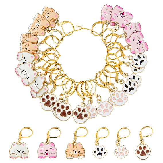 24 шт. 6 стили, подвесные маркеры с эмалью из сплава и фиксирующими стежками, с накладками из латуни, отпечаток кошки и лапы