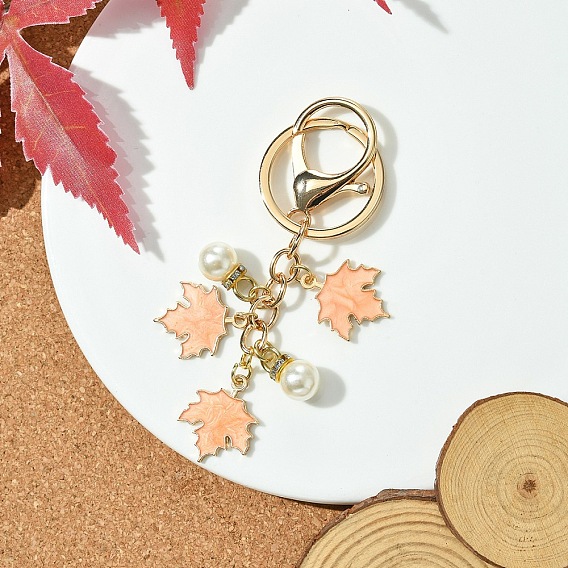 Брелок из эмалевого сплава, с пластиковыми подвесками из искусственного жемчуга, железное кольцо и застежки-когти из сплава, кленового листа