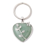 Natural Gemstone & Brass Heart Pendant Keychains, with Iron Split Key Rings
