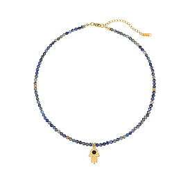 Natural Lapis Lazuli Beaded Necklace, Hamsa Hand Stainless Steel Pendant Necklaces for Women