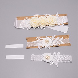 Ensemble de jarretelles et ceintures de mariée élastiques en dentelle, avec strass & perle et motif de fleurs, accessoires de vêtement de mariage