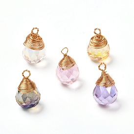 Transparent Glass Charms, with Eco-Friendly Copper Wire, Faceted, Teardrop