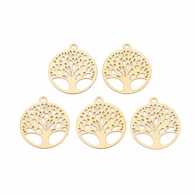 Rack Plating 201 Stainless Steel Filigree Pendants, Etched Metal Embellishments, Nickel Free, Flat Round with Tree of Life