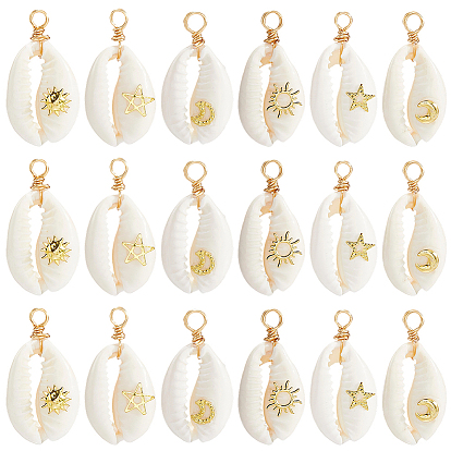 24 шт. 6 стили подвески из натуральной ракушки каури, обмотанные медной проволокой, подвески в форме ракушек с латунными пластинками, золотые, белые