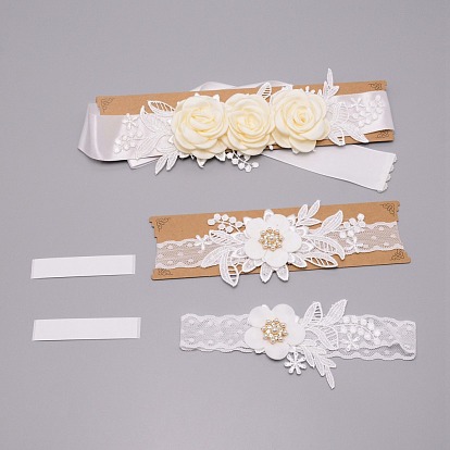 Lace Elastic Bridal Garters & Belts Set, with Rhinestone & Pearl and Flower Pattern, Wedding Garment Accessories