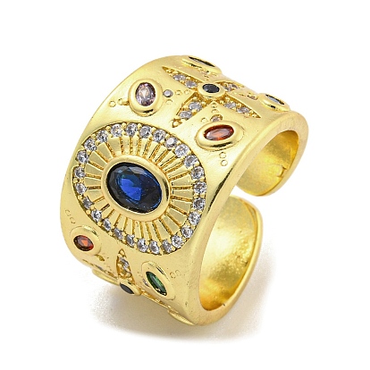 Fashion Brass Micro Pave Colorful Cubic Zirconia Cuff Rings, Cadmium Free & Nickel Free & Lead Free, Open Rings, Oval