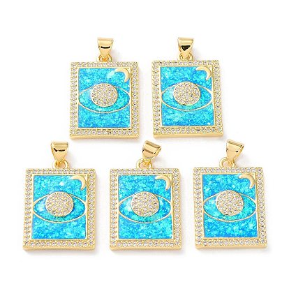 Rack Plating Brass Micro Pave Cubic Zirconia Eye Pendants, Synthetic Opal Rectangle Charms with Snap on Bail, Cadmium Free & Lead Free, Long-Lasting Plated, Real 18K Gold Plated