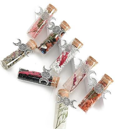 Gemstone Chip Healing Crystals Wishing Bottles with Alloy Triple Moon Decor, Wicca Gem Stones for Energy Balancing Meditation Therapy
