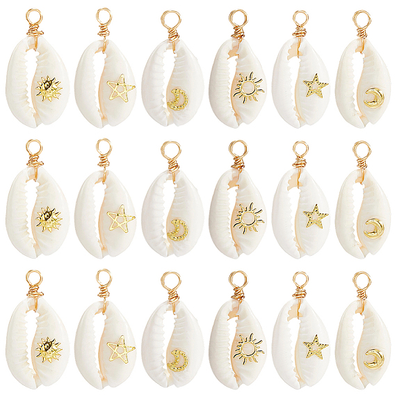 24 шт. 6 стили подвески из натуральной ракушки каури, обмотанные медной проволокой, подвески в форме ракушек с латунными пластинками, золотые, белые