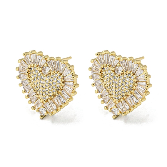 Серьги-гвоздики из латуни с микропаве и цирконием в форме сердца, долговечный, без свинца и без кадмия