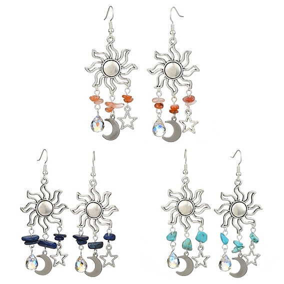 3 пары 3 стиль серьги-люстры из натуральных смешанных драгоценных камней, длинные серьги из сплава в тибетском стиле «солнце, луна и звезды»