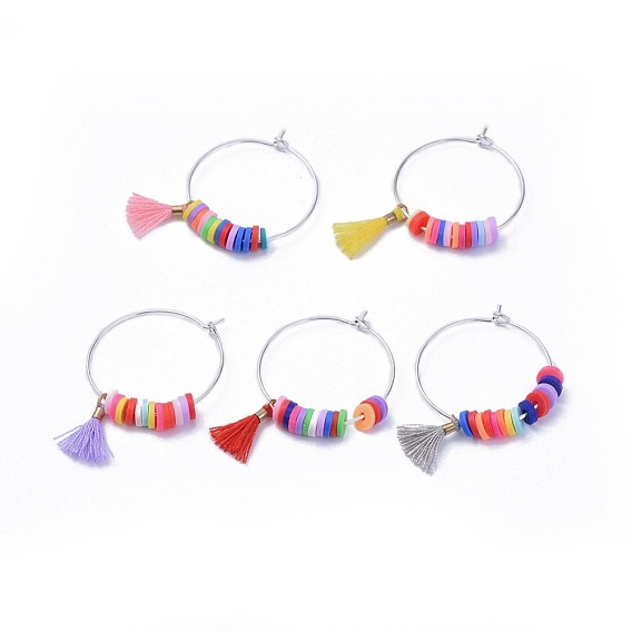 Wine Glass Charms, with Brass Findings, Polymer Clay Heishi Beads and Polycotton(Polyester Cotton) Tassel Charms