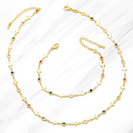 Colorful Zirconia Cross Necklace and Bracelet Set with Unique European Design