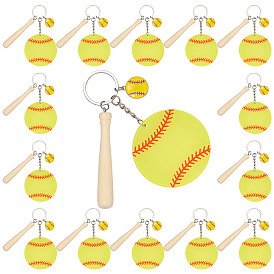 15 Porte-clés en bois, acrylique et alliage émaillé (pièces), baseball, avec des anneaux de fer