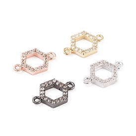 Brass Micro Pave Cubic Zirconia Links, Long-Lasting Plated, Hexagon, Clear