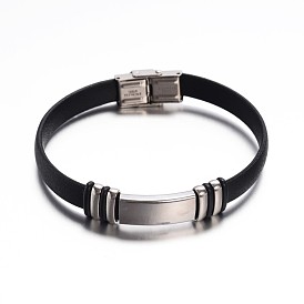 Rectangle Black Color PU Leather ID Cord Bracelets, with 304 Stainless Steel Findings and Watch Band Clasps, 220x10mm