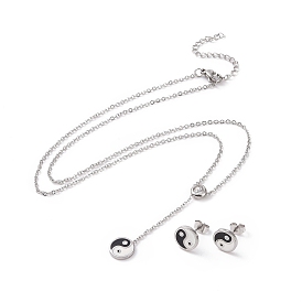 304 нержавеющей стали ювелирных изделий, ожерелья и серьги, с стразами и эмалью, Инь-Ян