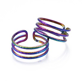 304 Stainless Steel Triple Line Wrap Cuff Ring, Rainbow Color Open Ring for Women