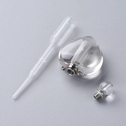 Natural Gemstone Openable Perfume Bottle Pendants, with 304 Stainless Steel Findings and Plastic Transfer Pipettes, Heart