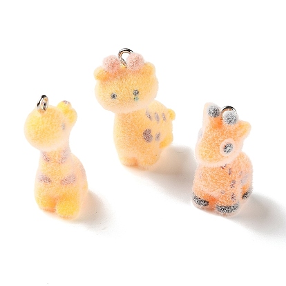 Pendentifs en résine floquée, charme de girafe, avec boucle en fer platine