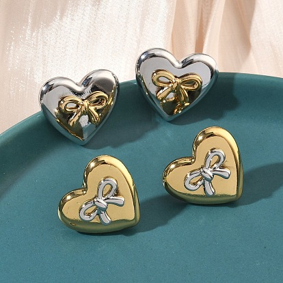 Двухцветные 304 серьги-гвоздики из нержавеющей стали, сердце и лук, ионное покрытие (ip), долговечный