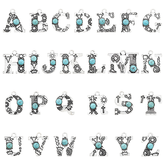 26шт. 26 стили синтетическая бирюза и сплав подвески, письмо амулеты, античное серебро