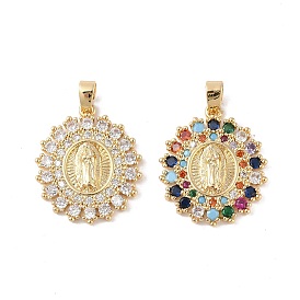 Brass Cubic Zirconia Pendants, Long-Lasting Plated, Flat Round with Holy Virgin Charms, Golden