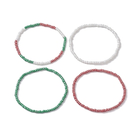 4Pcs 4 Styles Christmas Glass Seed Beaded Stretch Bracelet Sets, Stackable Bracelets for Women Men