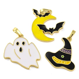 Halloween Theme Brass Enamel Pendants, Long-Lasting Plated, Real 18K Gold Plated, Ghost/Witch Hat/Moon with Bat