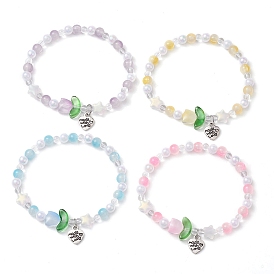 Tulip & Star & Round Two Tone Glass Imitation Jade Beaded Stretch Bracelets, Made with Love Heart Alloy Charm Bracelets for Women