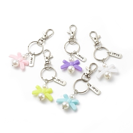 ABS Plastic Imitation Pearl  Beads and Acrylic Keychain, with Iron Key Rings and Alloy Swivel Clasps, Bowknot & Rectangle with Word Love