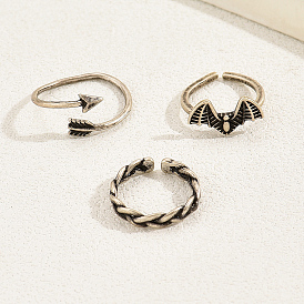 3pcs ensembles de bagues de manchette ouvertes à bout de chauve-souris rétro en cuivre pour femmes