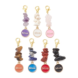 7piezas de colgantes decorativos de aleación, esmalte y cuentas de piedras preciosas naturales, plano y redondo con mamá palabra, con aleación de zinc hebillas de pinza de langosta, dorado
