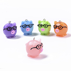 Resin Pendants, with Platinum Tone Iron Loop, Pig with Glasses