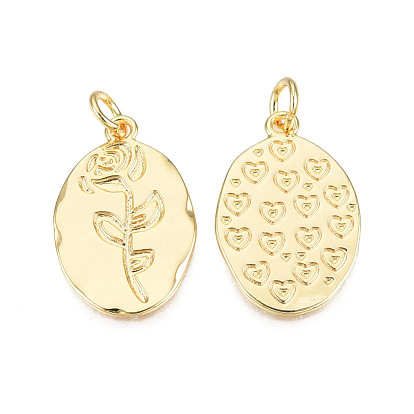 Brass Pendants, with Jump Rings, Nickel Free, Oval with Rose