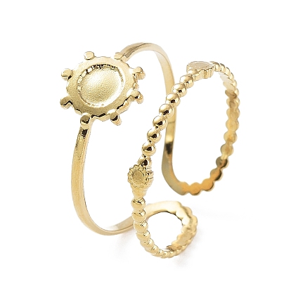 304 Stainless Steel Open Cuff Ring Components, Bezel Cup Ring Settings, Sun with Round Tray