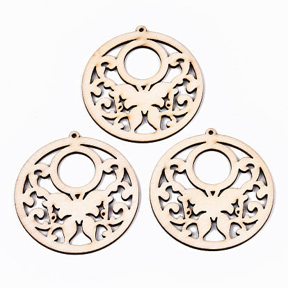 Undyed Natural Wooden Big Pendants, Laser Cut Shapes, Donut with Butterfly