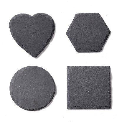 Alfombrilla de piedra negra natural, posavasos de borde áspero, con almohadilla de esponja, formas mixtas