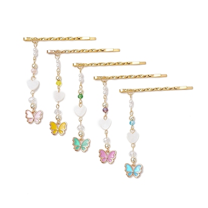 Heart Shell Pearl & Alloy Enamel Butterfly Charm Hair Bobby Pin, with Iron Clip, Hair Accessories for Girl