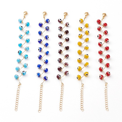 Handmade Evil Eye Lampwork  Beaded Bracelets, with 304 Stainless Steel Ball Head Pins and Lobster Claw Clasps, Round, Golden