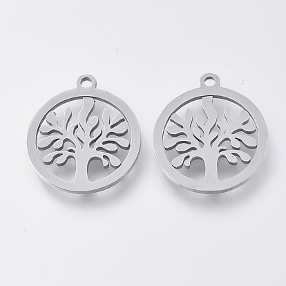 201 Stainless Steel Pendants, Laser Cut Pendants, Flat Round with Tree