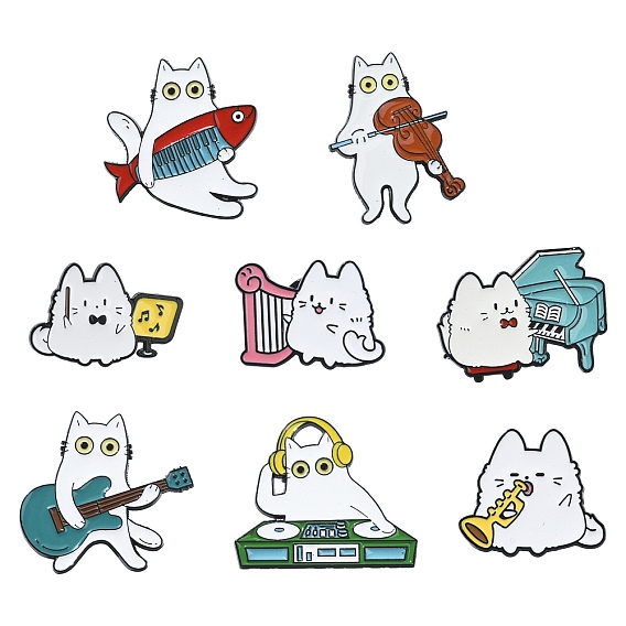 8Pcs 8 Styles Cat Shape & Musical Innstrument Theme Enamel Pin, Alloy Lapel Pin Backs for Backpack Clothes, Black, Mixed Shapes