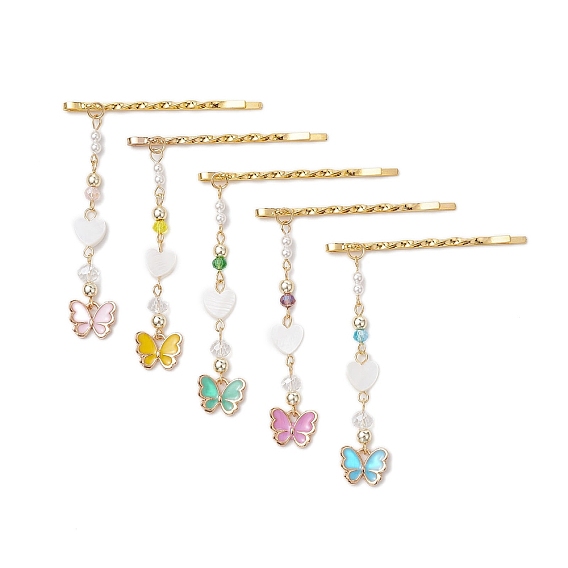 Épingle à cheveux en forme de cœur, perle et alliage d'émail, breloque papillon, épingle à cheveux, avec clip en fer, accessoires de cheveux pour fille
