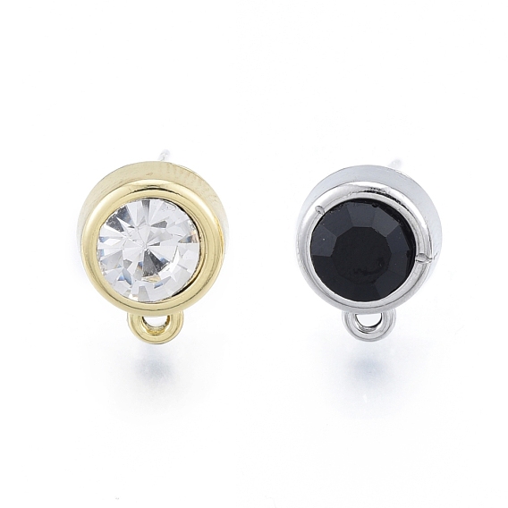 Rack Plating Alloy Rhinestone Stud Earring Findings, with Horizontal Loop and 304 Stainless Steel Steel Pin, Flat Round, Cadmium Free & Nickel Free & Lead Free