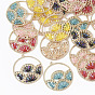 Polyester Thread Woven Pendants, with Glass Seed Beads and Light Gold Plated Alloy Findings, Flat Round with Fan