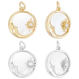 4 шт. 2 цвета латунные подвески из прозрачного кубического циркония с микропаве, с ракушкой и прыжковым кольцом, долговечный, плоский круг с луной и солнцем