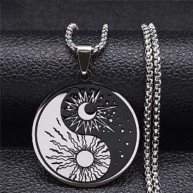 304 Yin yang émaillé en acier inoxydable avec colliers pendentif soleil et lune, chaînes de boîte colliers pour femmes hommes