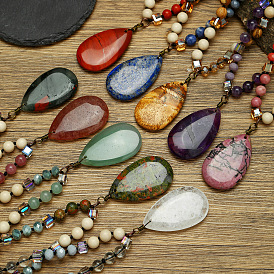 Кулон в форме капли из натурального камня, круглые драгоценные камни и кубические стеклянные бусины, длинные ожерелья для женщин